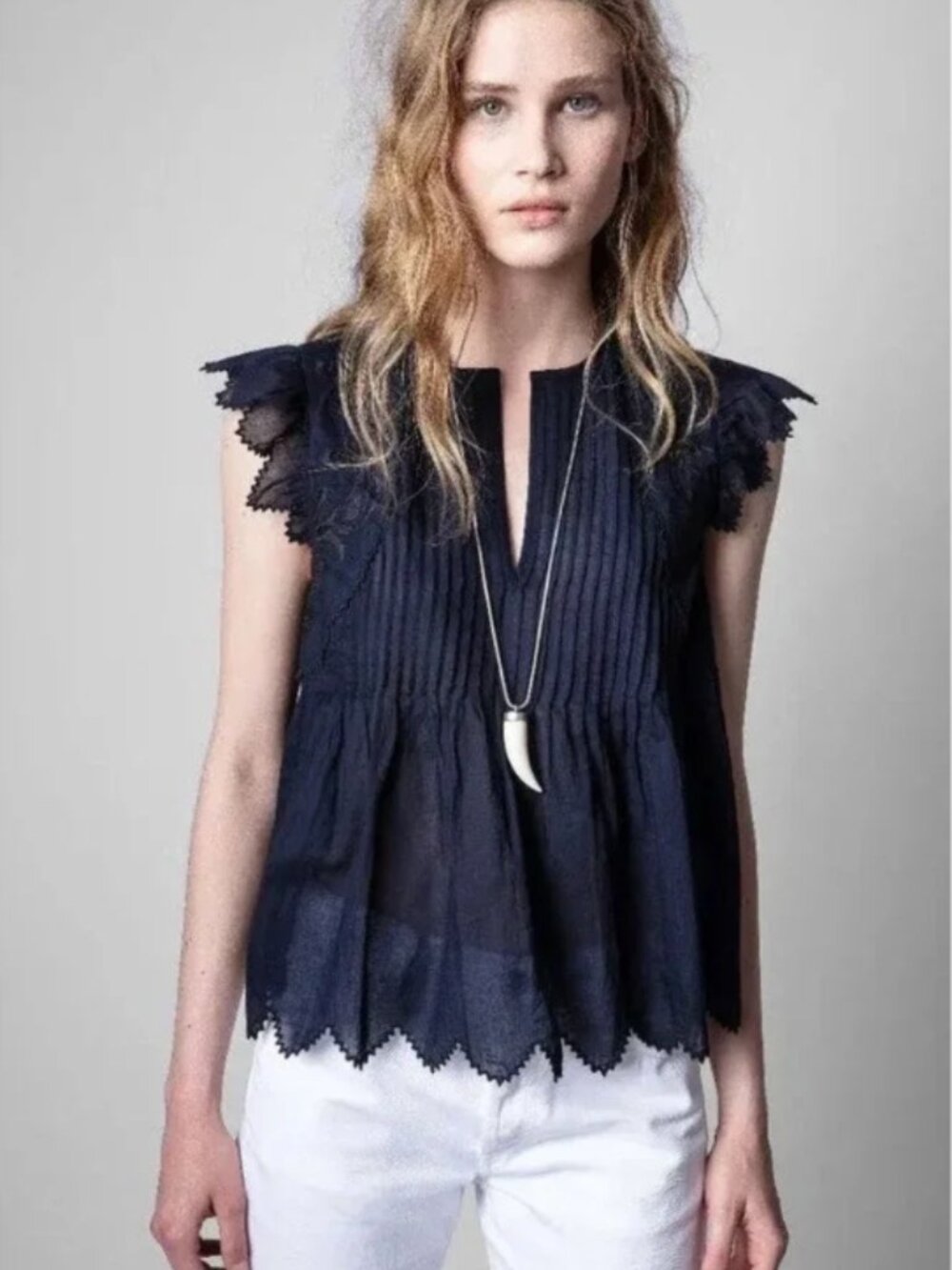 Zadig & Voltaire Navy Eyelet Pintuck Cap-Sleeve Top